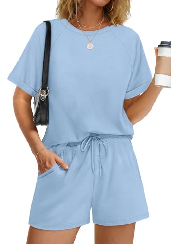 Lounge Sets for Women 2 Piece Shorts Pajamas for Women Set Matching Sets Women's Clothing Summer Vacation Womens Clothes Holiday Luxury Outfits Pjs Loungewear Travel Airport Outfits Fashion Blue M