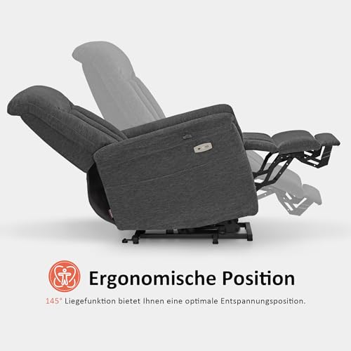 M MCombo Fernsehsessel mit Aufstehhilfe Elektrisch, Sessel mit Aufstehhilfe, Relaxsessel mit Liegefunktion bis 145°35D Vollschaum-Sitzkissen 7117 (Chenille, Grau) – Bild 5