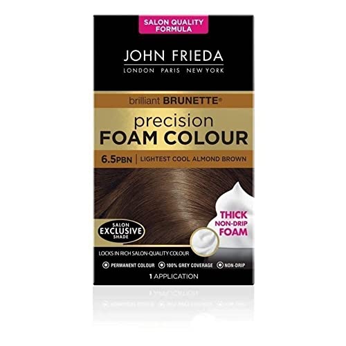 John Frieda Precision Foam Color Haarfarbe, 6,5 Pbn, Salon-Finish, 100% Grauabdeckung, hellstes kühles Mandelbraun