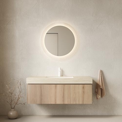 KEIKI 48 Inch Floating Bathroom Vanity with Sink, White Oak & Beige