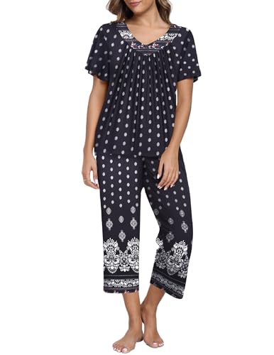 Ekouaer Women's Capri Pajama Set Short Sleeve Top and Pants 2 Piece Sleepwear Floral Print Ladies Pjs Sets