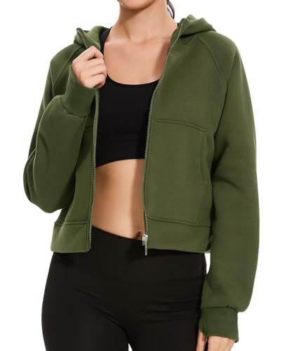 Ullnoy Womens Comfortable Zip Up Hoodie with Pockets Long Sleeve Plain Ladies Cropped Jackets Lightweight Thermal Top for Women Uk Army Green M