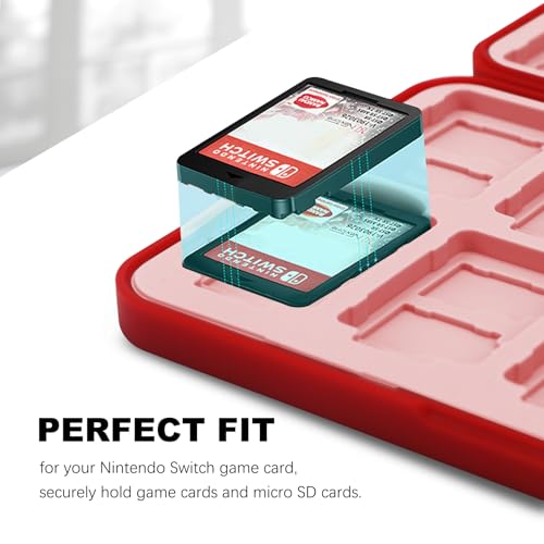 Image of FYY Nintendo Switch Game Case Holder for Switch 2 Cartridge Case with 24 Game Card Slots & 48 Micro SD Card Slots, Hard Shell, Silicone Lining Heart Pattern Red