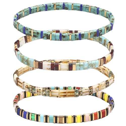 Opiniones de Pulseras para Dama - los más vendidos. 50 Jadive - 4 pulseras elásticas de cuentas planas Tila para mujer, pulseras bohemias de amistad de cuentas de vidrio, lindas decoraciones cuadradas de estilo bohemio, para joyas,...