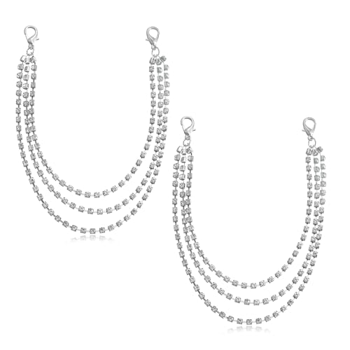 2 Pcs Layered Glitter Rhinestone Shoelace Charms Triple Layers Tassel Crystal Boot Chain with Clasp Sneaker Chain Jewelry Accessories for Women Ladies Christmas Gift, Silver