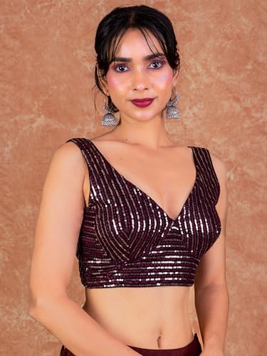 Image of FIGURE'S DESIGNER Women's Sequin Embroidered SabyaSachi Cut Sweetheart V Neck Sleeveless Readymade Saree Blouse E30