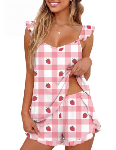 Image of Ekouaer Pajamas for Women set 2 Piece Ruffle Tank Top Split Leg Cami Shorts