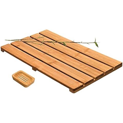 Bamboo Bath Mat for Bathroom - Comes with Wooden Soap Dish - (20-inch x13-inch L x W) Bathmat Accessories for Sauna, Pool, Hot Tub, Door Steps and Floors Cover