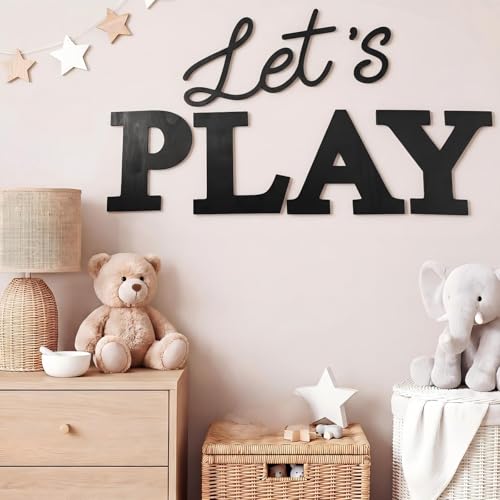 Kigley 17 Inch Nursery Sign Wooden Playroom Wall Decor Playroom Wall Plaques Decoration for Kids Toddler Nursery Room Home Classroom Decor(Black Let Play)