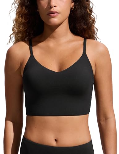 CRZ YOGA V Shaped Longline Bikini Tops for Women - Padded Cropped Adjustable Spaghetti Straps Swimsuit Athletic Bathing Suit Black Large