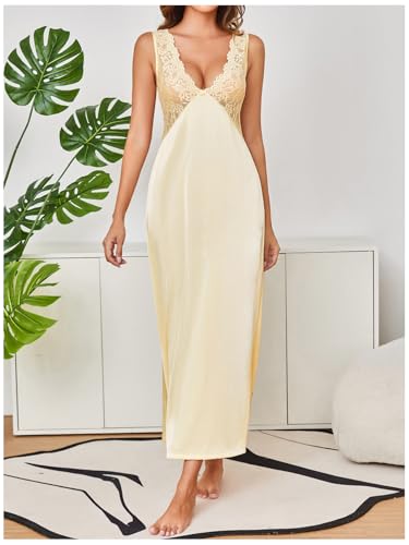 Image of WDIRARA Women's Satin Sleepwear Nightgown | Lace, Backless, Deep V Neck, Sleeveless, Long