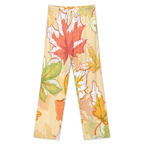 Unisex Pajama Pants, Autumn Leaf Pattern Retro Drawstring Waist Loose Fit PJ Sleepwears with Pockets for Coulpe3