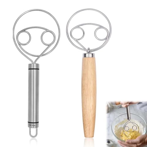 2 Pezzi Frusta per pasta danese, frusta per impasto danese, frusta olandese, frusta per uova con manico in legno frullatore 304 filo in acciaio inox per la produzione di pane