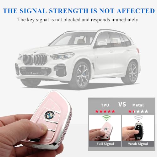 Image of Creativity For BMW X5 Key cover and Key chain accessories (Pink set) | TPU key box with Rhinestones is compatible with F30 F45 F55 G20 G30 X1 X3 X4 X5 X6 X7 3 5 6 7 M5 M6 GT series smart key