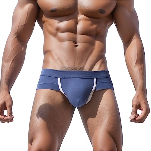 Mens Sexy Cotton Boxer Briefs Shorts Soft Underwear Bulge Pouch Underpants Big Solid Color G-Strings Thongs Panties Blue