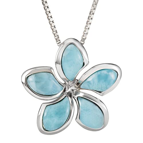 Aloha Jewelry Company Sterling Silver Natural Larimar Plumeria Flower Necklace Pendant with 18