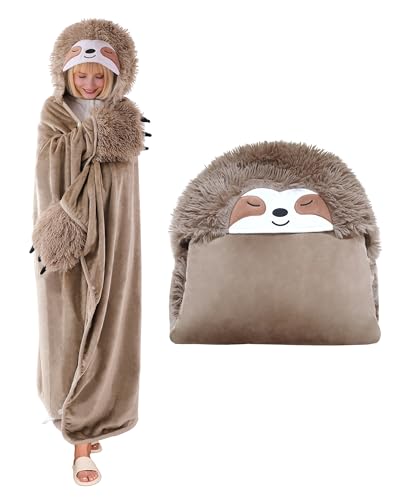 SQEQE Faultier Tragbare Decken mit Kapuze und Handschuhen Niedlich Hoodie Decke Sofadecke Cartoon Kuscheldecke für Damen und Herren 150x130cm