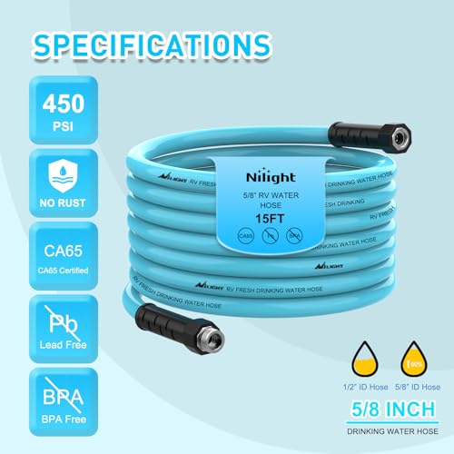 Image of Nilight RV Water Hose 15FT Garden Drinking Hoses with Storage Bag | Leakproof Anti-Kink 5 /8 inch Inner Flexible Lightweight Freshwater Hose for RVs Campers Travel Trailer Boat Car Wash Accessories