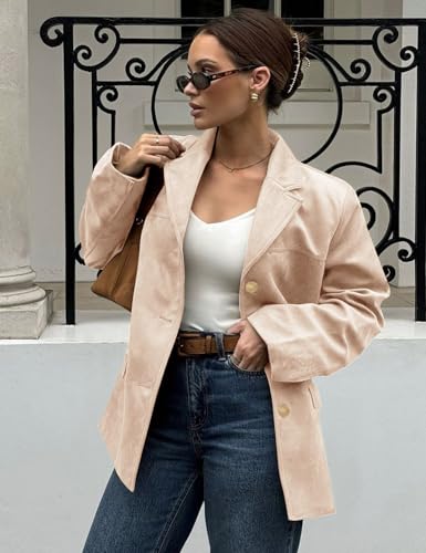 Flygo Womens Faux Suede Blazer Jacket Vintage Long Sleeve Button Down Casual Blazer Business Work Outfits(Beige-S)2