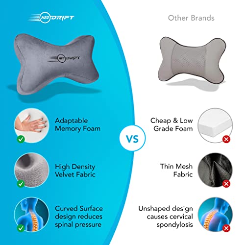 Image of Neodrift 'NeckBone' - Neck Rest Cushion Orthopedic Velvet Memory Foam Pillow for Neck, Head, Shoulder Support - Pain Relief for Car, Set of 2 (Colour-Gray)
