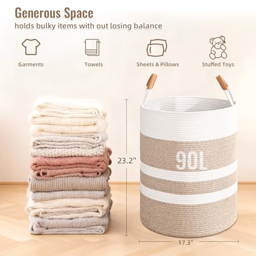 Image of Large Laundry Basket, Laundry Hamper with Leather Handles, 90L Woven Dirty Clothes Hamper, Rope Hampers for Bedroom, Barthroom, Brown