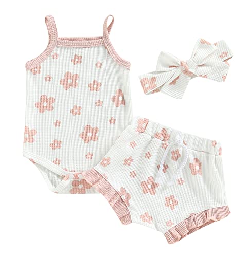 Newborn Baby Girl Summer Outfits Halter Ribbed Ruffle Sleeve Bodysuit +Ruffled Short Pants Headband 3Pcs Clothes Set (Flower-Pink, 0-3 Months)