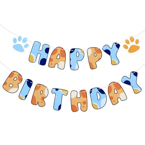 Chiisong Blue Dog Birthday Party Supplies, Blue and Orange Banner Dog Happy Birthday Banner Party Decorations for Decoration Centerpieces