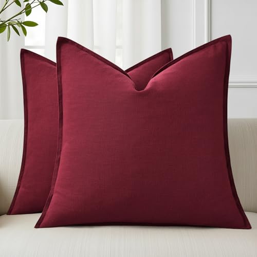 Image of decorUhome Fall Burgundy Linen Throw Pillow Covers 16x16 Set of 2 | Decorative Soft Cozy Modern Farmhouse Boho Accent Pillow Cases with Flange Edges for Couch Bed Sofa Living Room Home Decor