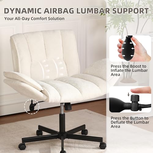 Image of Criss Cross Chair with Wheels & Outward-Folding Arms, Cross Legged Office Chair, Built-in Dynamic Airbag Lumbar Support, Wide Seat Desk Chairs for Home Office, Apartment, Vanity, Beige