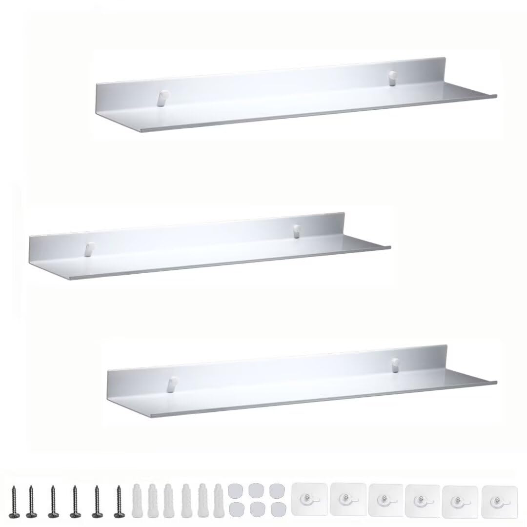 SaryEdge Wall Shelf Set of 3-50cm White Aluminium Floating Shelves, No Drill & Drilling Options for Living Room, Bedroom, Kitchen, Bathroom Storage,White-50cm,White-50cm