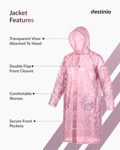 Image of Destinio Poncho for Men, Poncho for Women-Thick Waterproof PVC, Rain Coat, Reusable - Transparent Pocket Raincoat with Hood, Full Cover for Bag in Travel, Trekking, Bike Riders