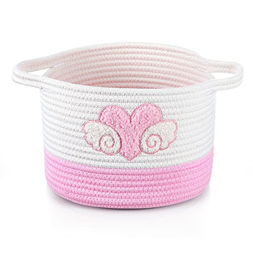 Lauatiiu Geflochtener aus Baumwollseil Aufbewahrungskorb, kleiner Aufbewahrungskorb mit Griffen für Zeitschriften, Spielzeug, dekorativer27x27x19CM (Rosa/Herz) Cover