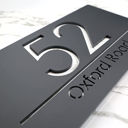 K Smart Sign | Bellisima H3 F31 | Matt Dark Gray Personalised House Sign Laser Cut 3d Door Numbers Street Address Grey Number Signs Plaque | 300mm x 160mm (Matt Dark Gray & White Marble Effect)