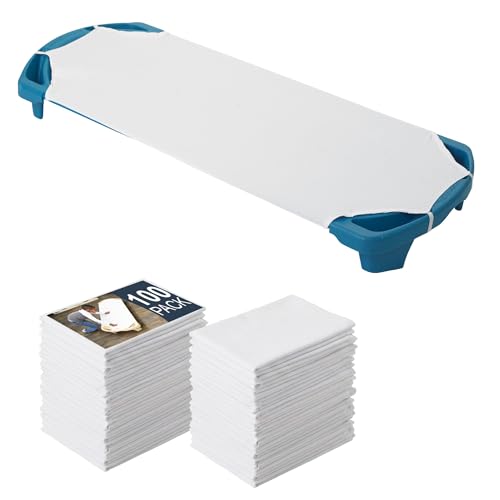 Image of Angeles Angels Rest White Cot Sheet with Elastic Straps, Standard Size, Cot Sheets for Daycare, Toddler Cot Sheets, Set of 100