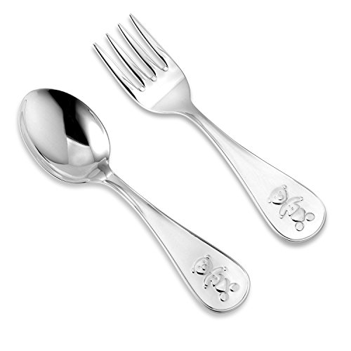sterling silver baby spoon fork set teddy bear design personalized engravable  complete with gift box  keepsake gift for baby  made in italy