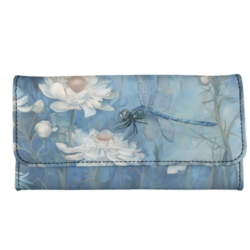 Howilath Blue Dragonfly Floral Print Women's Trifold Wallet Long Clutch Multi Purse, PU Leather Large Capacity Holder Organizer