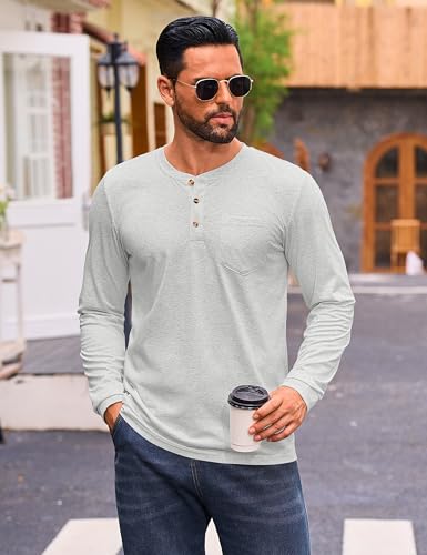 CRYSULLY Mens Long Sleeve Shirt Cotton 3 Button Pocket T-Shirts Casual Stylish Lightweight Pullover Shirt3