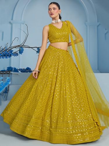 Image of Zeel Clothing Women's Sequins Thread Embroidered Georgette Lehenga Choli With Dupatta (5124-Women-Lehenga-Choli-New; Free size)
