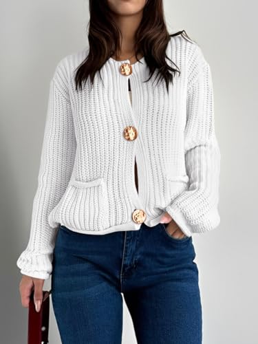BeautyNee Women's Cardigan Sweaters Button Down Cropped Chunky Knit Cardigan Jacket Long Sleeve Trendy Tops with Pockets3