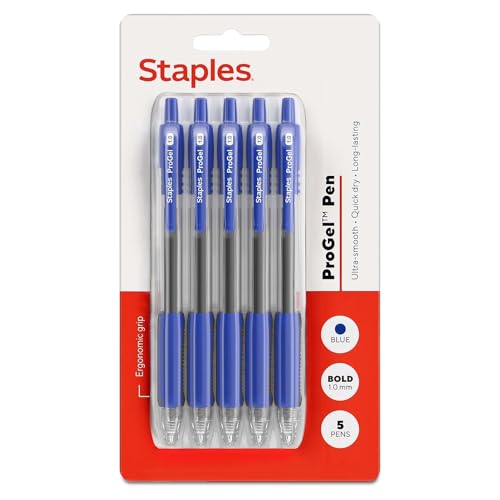 Image of STAPLES ProGel Retractable Gel Pen, Bold Point, 1.0mm, Blue Ink, 5 /Pack