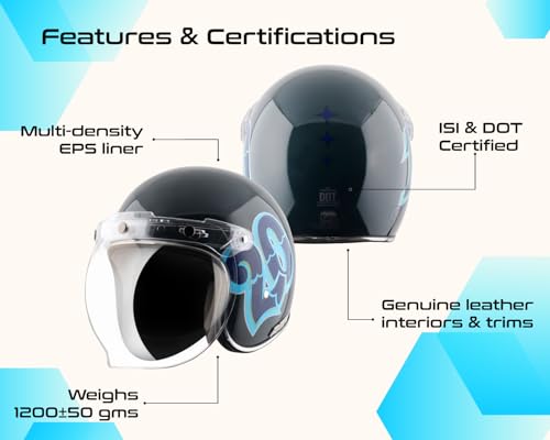 Image of Axor Retro Jet Sportz C13 ISI and DOT Certified Gloss Finish Open Face Helmet for Men and Women with Clear Visor- Slate Blue-XL