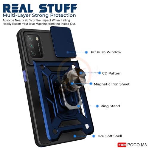 Image of Armor Bumper Back Cover Case for Poco M3 / Redmi 9 Power Rotating Camera Cover, Ring Holder & Kickstand | Heavy Duty & 360 Degree Protection Poco M3 / Redmi 9 Power Back Cover (Blue)