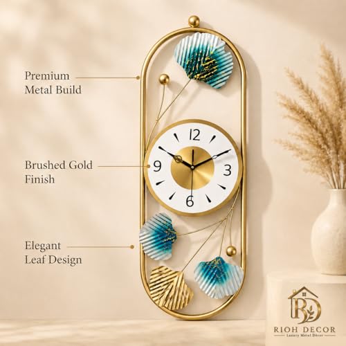 Image of Gold Metal Wall Clock for Living Room Stylish Decor | Designer Ginkgo Leaf Wall Art | Silent Non-Ticking Premium Analog Clock for Home & Bedroom