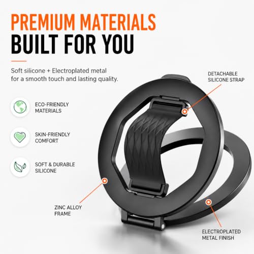 Image of Mizi Magnetic Phone Grip, Phone Finger Loop Holder with Kickstand, Foldable Ring Grip, Compatible with Mag Safe iPhone 12-18, Includes Magnetic Adapter Ring for All Phones - Black