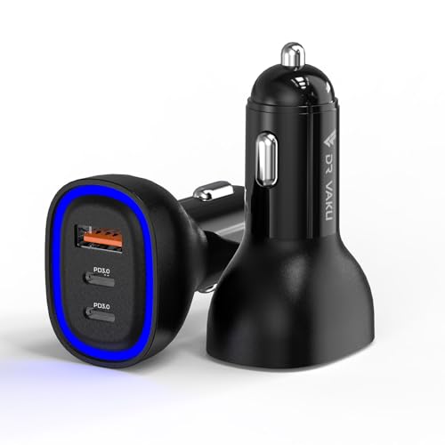 Image of DR VAKU 100W Car Charger Fast Charging Triple Port Dual 2X Type C PD PPS + QC 3.0 USB Car Mobile Laptop Adapter for iPhone 17 /16 /15 /14 /13 etc, Samsung All Series, Tablets, & Android Smartphones