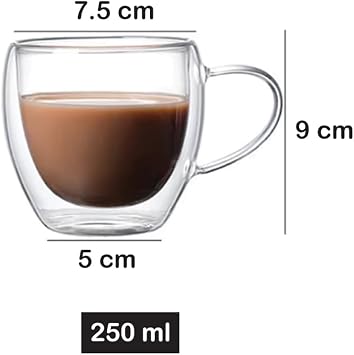 Double Layer Glass Mug Cup 250 ml Lux Double Wall mug - Thermos Cup - Long Time Hot-Cold Keeping feature with Two Walls Structure, Coffee Espresso Cup with Handle Brosilicate double layer Cup
