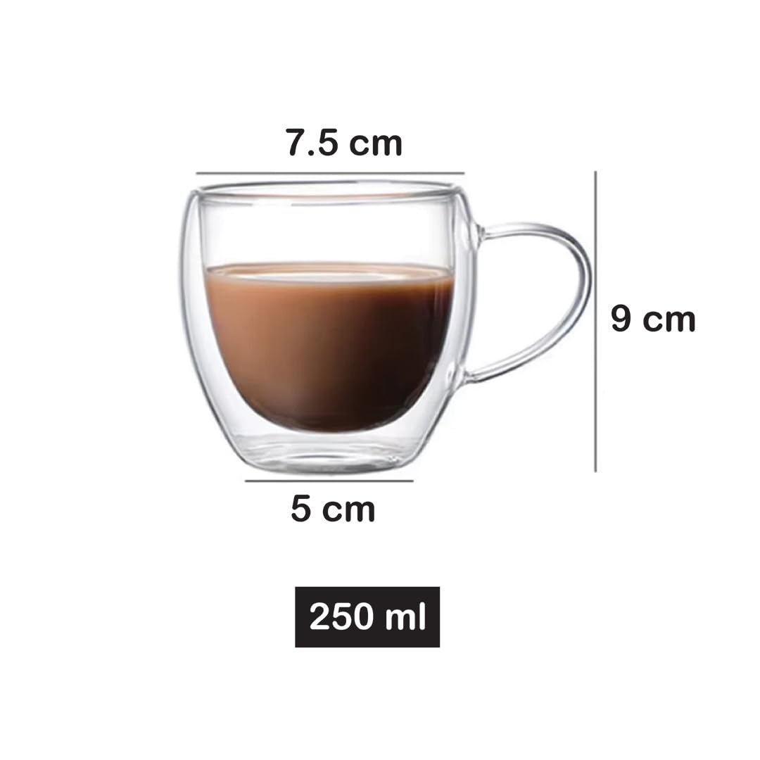 renovon Çift Katmanlı Cam Kupa Bardak 250 ml Lüx Çift Cidarlı kupa - Termos Bardak - İki Duvarlı Yapısı ile Uzun Süre Sıcak-Soğuk Tutma özelliği, Kulplu Kahve Espresso Bardağı Brosilikat double layer Cup