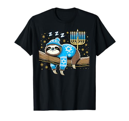 Funny Hanukkah Sloth Jewish Chanukah Sleeping Hanukkah PJs T-Shirt