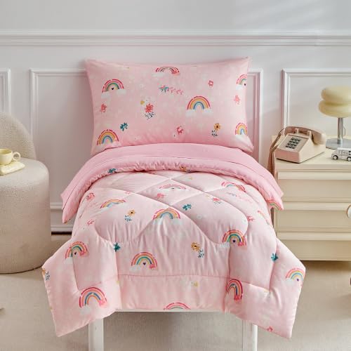 Image of Toddler Bedding Set Pink Rainbow Comforter Set for Girls Soft Cozy Bed Set