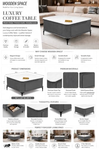 Image of WOODEN SPACE Premium Solo Marble-Top Wooden Center Table for Living Room | Iron Legs | PVD Coating | Modern Entryway Furniture | Coffee Table (Dark Grey, 42x42x18 Inch)